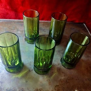 Set of 5 Vintage Nouveau Colony Green Footed Glasses
